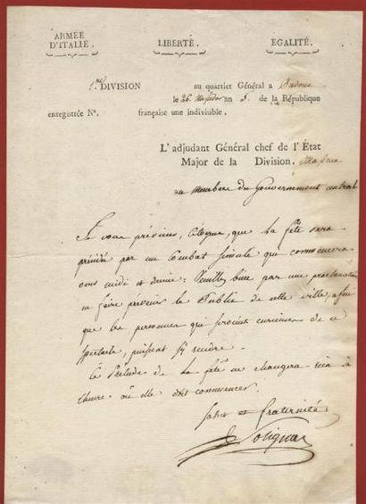 1797 - GÉNÉRAL SOLIGNAC Lettre manuscrite d'une page + signature autographe, avec...