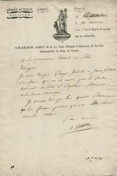1797 - GÉNÉRAL GIRARDON Lettre manuscrite d'une page + signature autographe, avec...