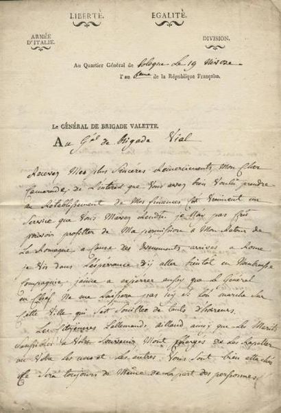 1798 - GÉNÉRAL DE BRIGADE VALETTE Lettre manuscrite de 2 pages et demi + signature...