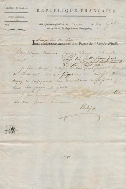 1799 - INSPECTEUR DES POSTES DE L'ARMÉE D' ITALIE Lettre datée de Cassio le 29 germinal...