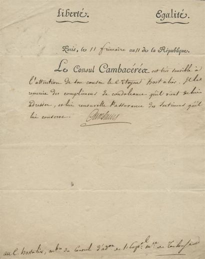 1802 - CONSUL CAMBACÉRÈS Lettre d'une page avec signature autographe, avec en-tête...