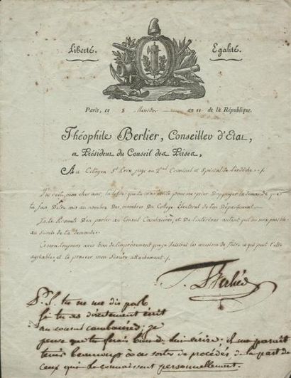 1803 - Théophile BERLIER, Conseiller d'État Lettre d'une page avec la signature autographe...