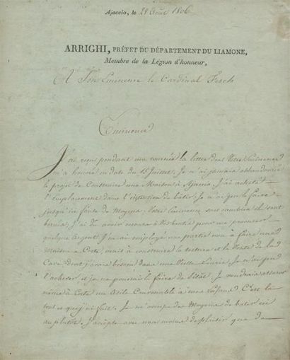 1806 - ARRIGHI, Préfet du département de Liamone en Corse 
Lettre de deux pages datée...