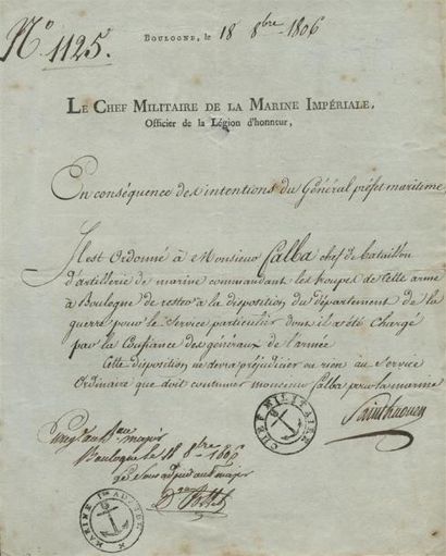 1806 - CAMP DE BOULOGNE Lettre avec en-tête imprimé «LE CHEF MILITAIRE DE LA MARINE...