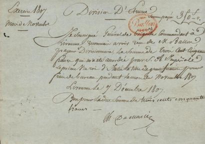 1807 - GÉNÉRAL Charles DUMOULIN Signature autographe sur un reçu de 350 Fr avec en-tête...