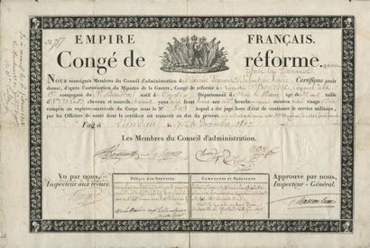 1807 - CONGÉ DE RÉFORME DE L'EMPIRE 
(38 x 25,5 cm) signé par le futur général Charras,...