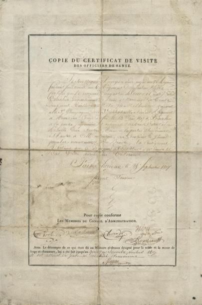 1807 - CONGÉ DE RÉFORME DE L'EMPIRE 
(38 x 25,5 cm) signé par le futur général Charras,...