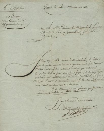 1805 - MARÉCHAL BERTHIER Lettre datée de Paris le 24 Nivôse An XIII (14 janvier 1805)...