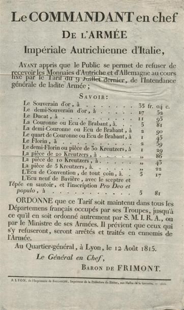 1815 - OCCUPATION AUTRICHIENNE À LYON APRÈS LA CHUTE DE L'EMPIRE Affiche (26 x 42,5...