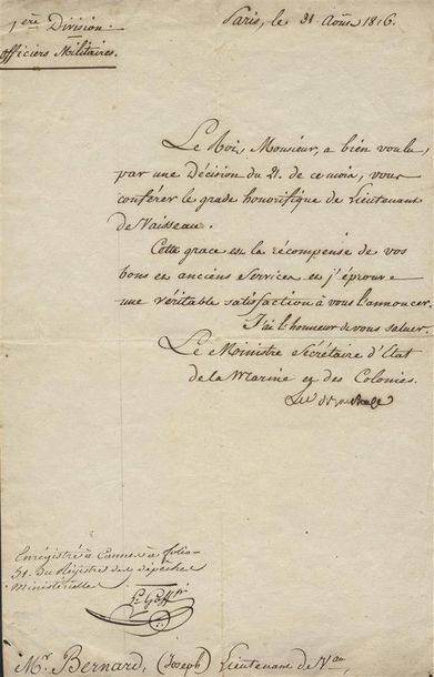 1816 - GRADE HONORIFIQUE DE LIEUTENANT DE VAISSEAU accordé par le Roi et signé par...