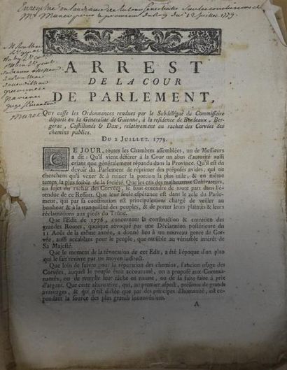 ESTAMPES FRANCE. XVIIIe siècle Arrêts de la Cour du Parlement Arrêts du 24 avril...