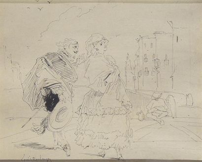 Dessins - Oeuvres sur papier Louis BOULANGER (1806 - 1867) Personnages dans une rue....