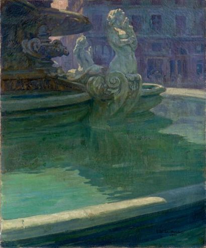 Pierre COMBET-DESCOMBES (1885-1966) Effets de lumière sur la fontaine de la place...