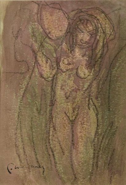 Pierre COMBET-DESCOMBES (1885-1966) Femme à la cruche
Aquarelle et fusain, portant...