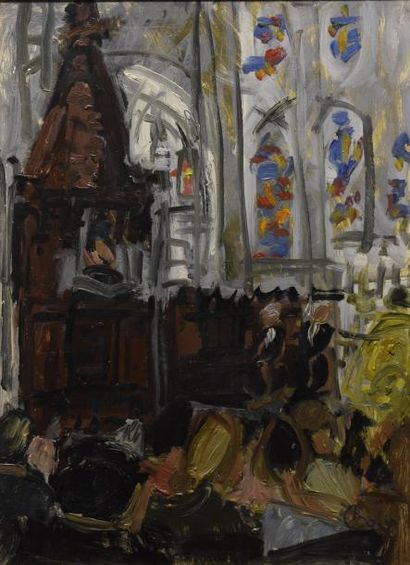 Micheline COLIN (1925-2017) Intérieur d'église à la chaire, circa 1964
Huile sur...