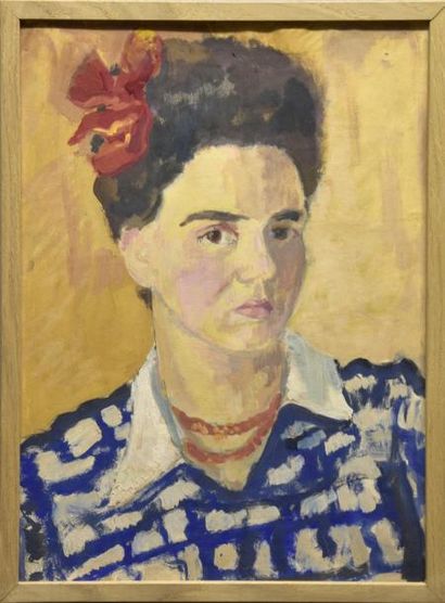 Micheline COLIN (1925-2017) Portrait de jeune fille à la fleur dans les cheveux,...