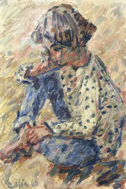 Micheline COLIN (1925-2017) Jeune fille assise à la chemise à pois bleus, 1966
Huile...