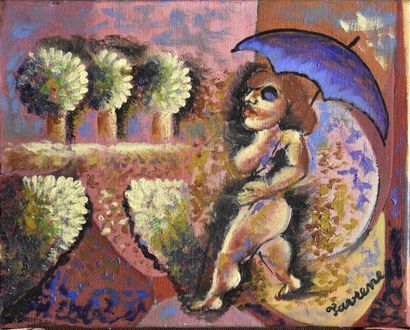 FAVRENE (né en 1934) La promeneuse nue au parapluie
Huile sur toile, signée en bas...