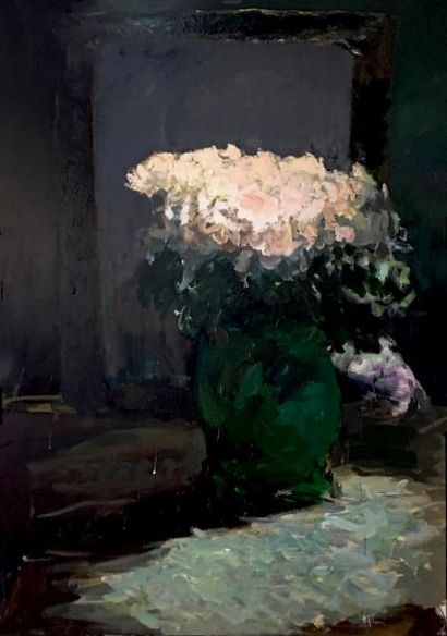 Patrice GIORDA (né en 1952) Chrysanthèmes et miroir, 2008
Huile sur toile signée,...