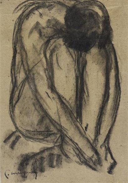 Pierre COMBET-DESCOMBES (1885-1966) Jeune fille assise la tête entre les jambes
Fusain,...