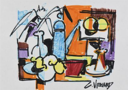 Claude VENARD (1913-1999) Intérieur à la cafetière
Dessin aux feutres de couleurs,...