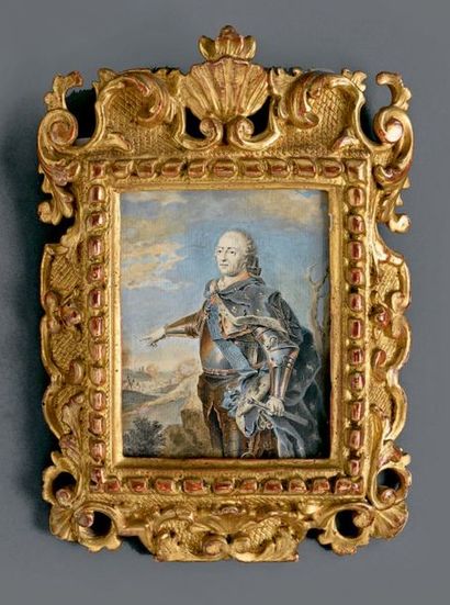 null Importante aquarelle rectangulaire figurant Louis XV en cuirasse et manteau...