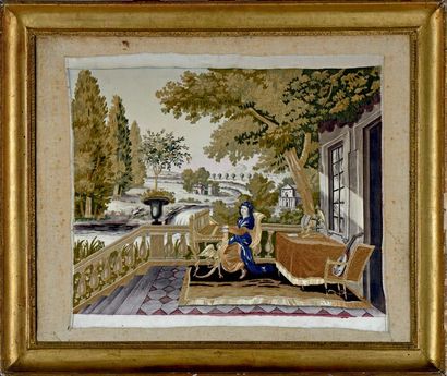 École Française du XIXe siècle Sur la terrasse d'une propriété, jeune femme assise...