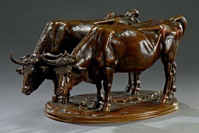 Alfred JACQUEMART (1824-1896) Attelage de boeufs
Bronze à patine brune, signé et...