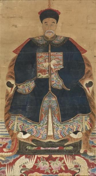null CHINE - Vers 1900 Encre et couleurs sur papier, portrait d'ancêtre assis sur...