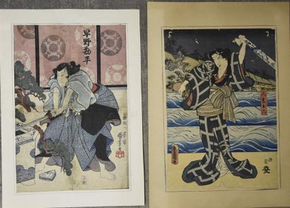 null JAPON - Ensemble de 6 estampes oban tate-e, dont des parties de triptyques par...