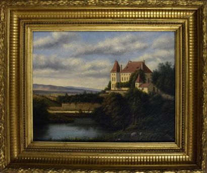 null École FRANCAISE du XIXe siècle. Paysage au château Huile sur toile H. 32 cm...