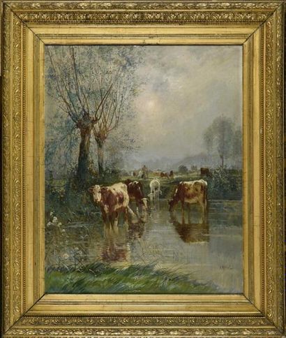 null Joseph MILLION (1861-1931) Bergers et vaches Huile sur toile signée en bas à...