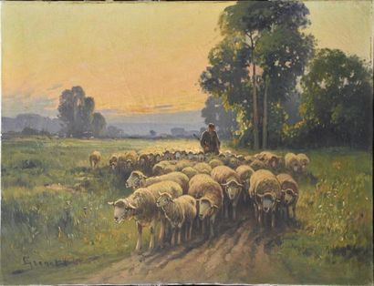 null Dominique GRENET (1821-1885) Berger et son troupeau Huile sur toile signée en...