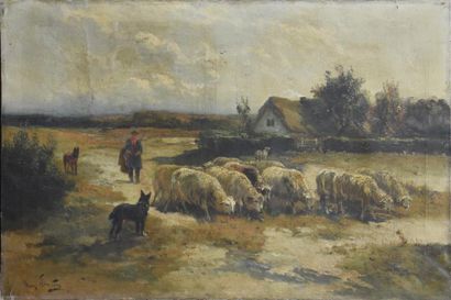 null Henry SCHOUTEN (1857/64 - 1927) Le retour du troupeau Huile sur toile signée...