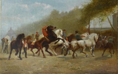 null Georges CALVES (1848-1923) Le marché de chevaux, d'après Rosa BONHEUR Huile...