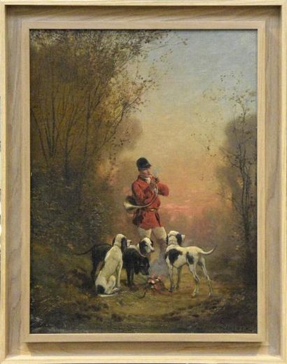 null Théodore LEVIGNE (1848-1912) Sonneur et ses chiens Huile sur toile signée en...
