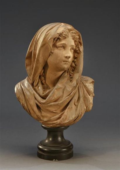 null Albert-Ernest CARRIER BELLEUSE (1824-1887) Buste de femme Terre cuite, signée...