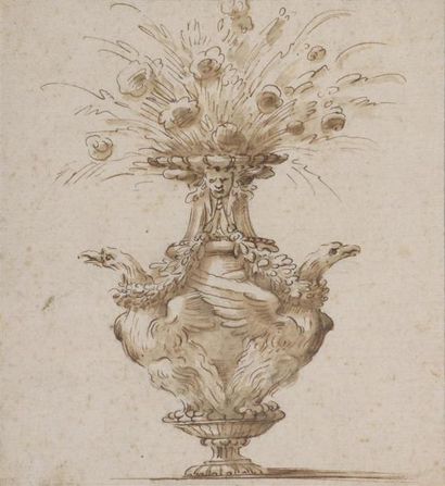 null Stefano DELLA BELLA (1610-1664) Projet de vase aux deux aigles Plume et lavis...