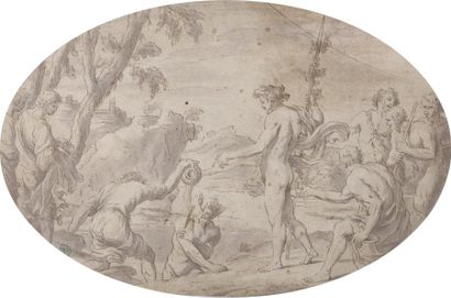 null Ecole ITALIENNE du XVIIe siècle Bacchus donnant le bain de Pan Plume et encre...