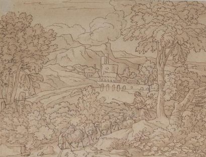 null Ecole FLAMANDE du XVIIe siècle Paysage au troupeau Plume et lavis brun H. 14...