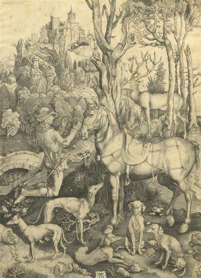 null Albrecht Dürer (1471-1528) (d'après) Saint Eustache ou Saint Hubert. Burin par...