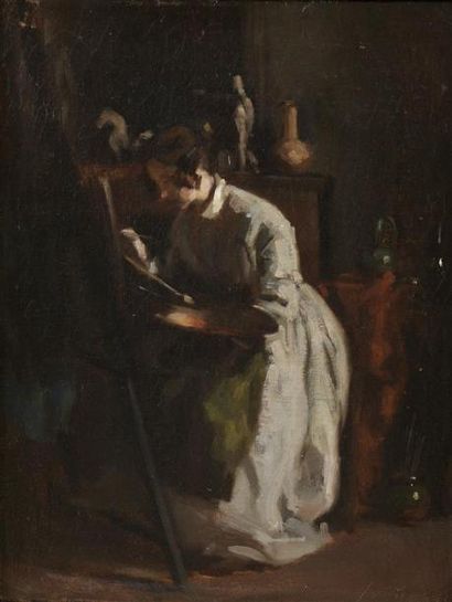 null François BONVIN (1817-1887) La femme peintre Huile sur toile, signée et datée...