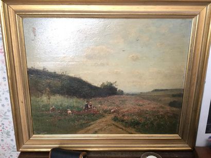 null Louis Aimé JAPY (1840-1916) Couple de bergers dans un champs Huile sur panneau,...
