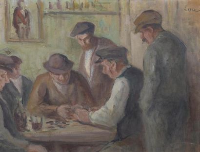 null Maximilien LUCE (1858-1941) Joueurs de domino Huile sur papier marouflée sur...