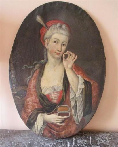 null huile sur toile ovale portrait de femme à la boîte à mouches 82x57 cm resta...