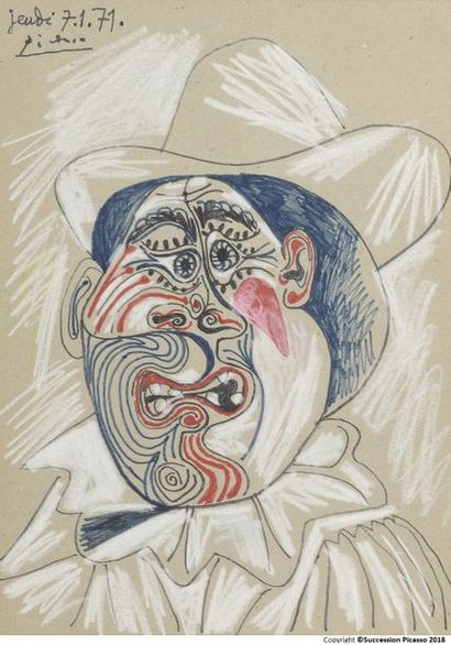 Pablo Picasso (1881-1973) ** Tête d'homme au chapeau
Craie blanche et feutre de couleurs...