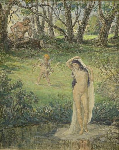 Henri CHARRIER (1859-1950) «La femme, le faune et l'Amour»
Huile sur toile, au dos...