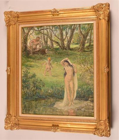 Henri CHARRIER (1859-1950) «La femme, le faune et l'Amour»
Huile sur toile, au dos...