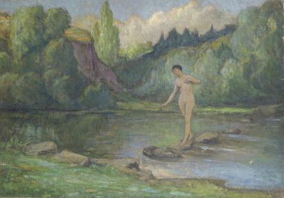 Henri CHARRIER (1859-1950) «Le gué»; «faune et baigneuse»
Suite de deux huiles sur...