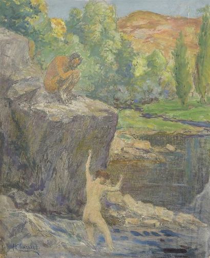 Henri CHARRIER (1859-1950) «Le gué»; «faune et baigneuse»
Suite de deux huiles sur...